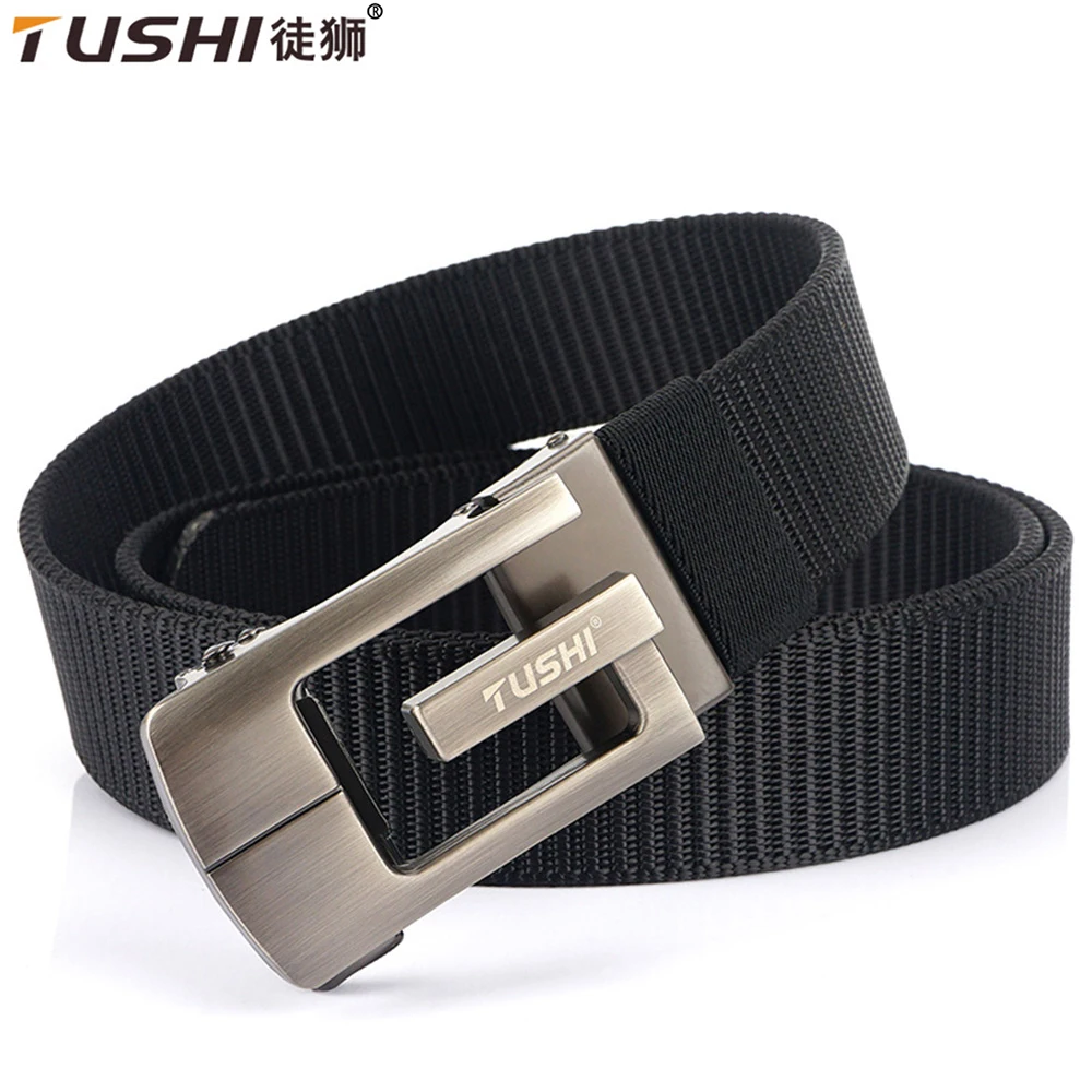 TUSHI New Men Metal Luxury Automatic Buckle High Quality Belts for Men Business Work Nylon Casual Strap Sports Quick Drying Belt