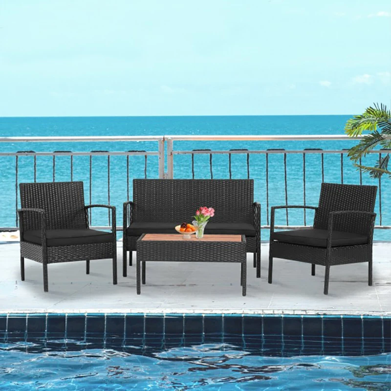 

4 Pieces Patio Rattan Furniture Set with Cushioned Chair and Wooden Tabletop Home Casual Garden Table