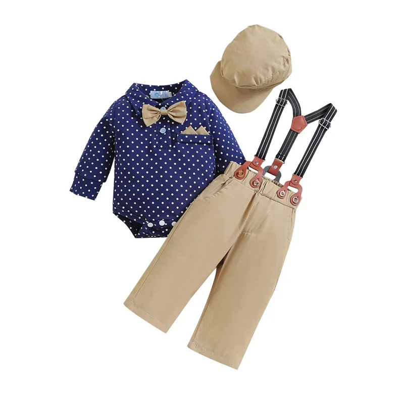 

Infant Baby Boy Tuxedo Clothes Set Long Sleeve Gentleman Outfits Suspender Pants Bowtie Beret Hat Wedding Dress Suit