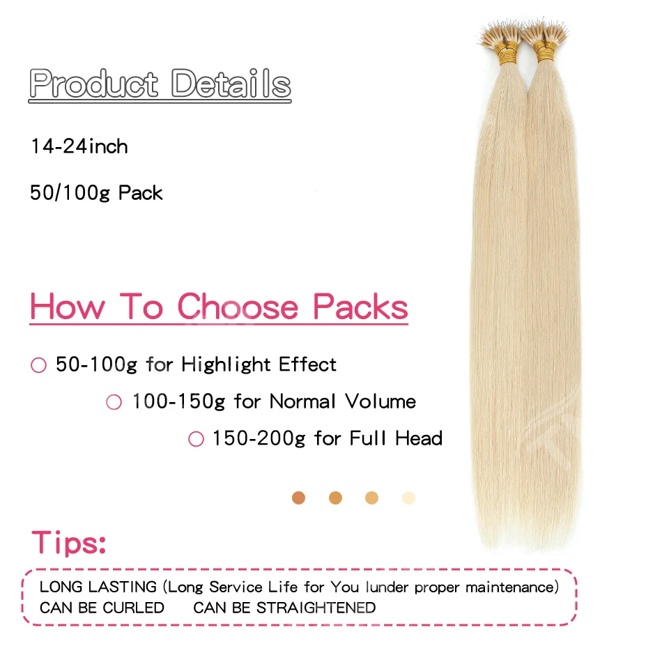 Extensioni per capelli umani con anello nano da 50/100 ciocche, 100% capelli umani Remy europei, 14-24 pollici, lisci, pre-incollati con micro anelli - immagine 4