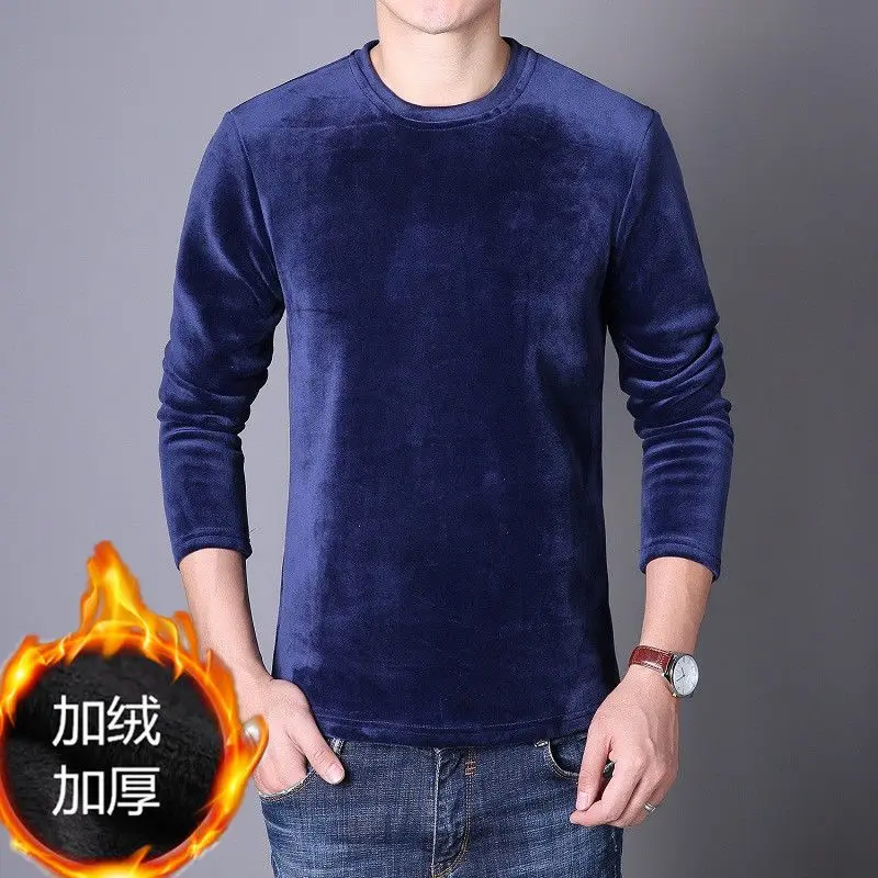 2023 New Men's Clothing Autumn Winter Thick Crew Neck Long Sleeve Slim Casual Fashion Business Solid Color All-match Tops