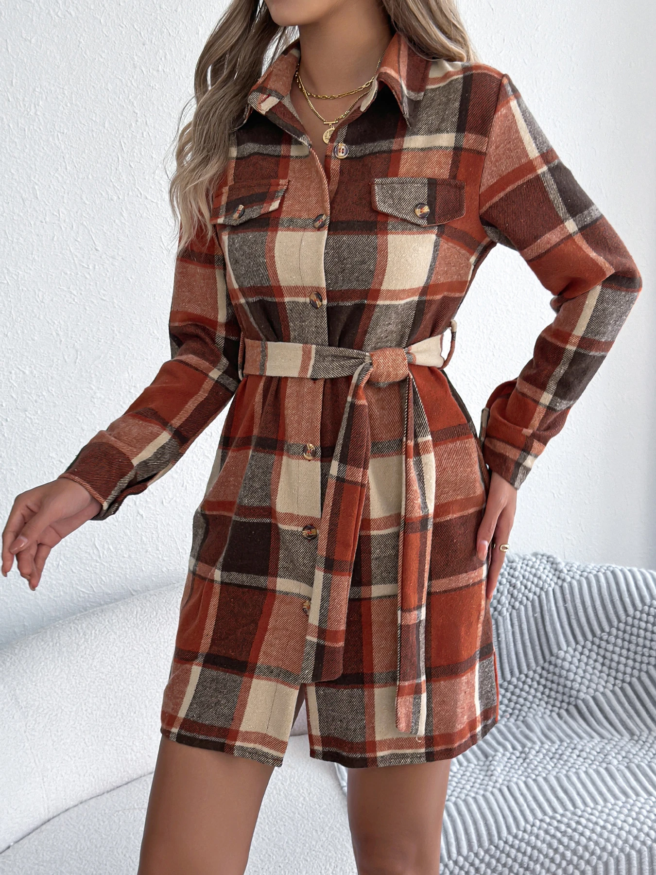 Orange Plaid Women Casual Dress with Belt