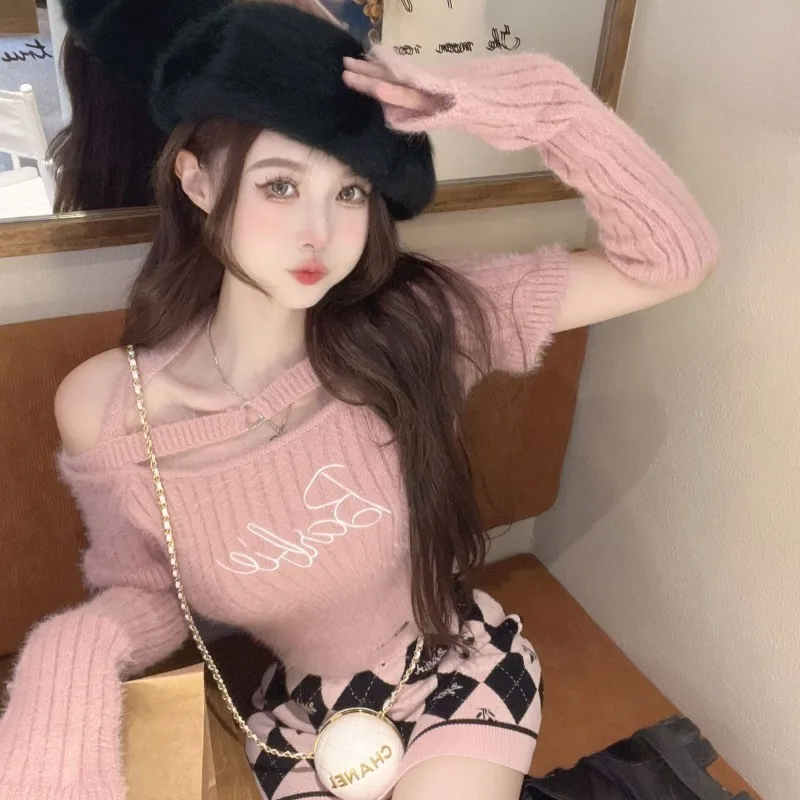 

Sweet Spicy One Shoulder Hanging Neck Knitwear Women Korean Solid Letter Cuff Fashion Elastic Slim Winter Lady Pullover Sweater