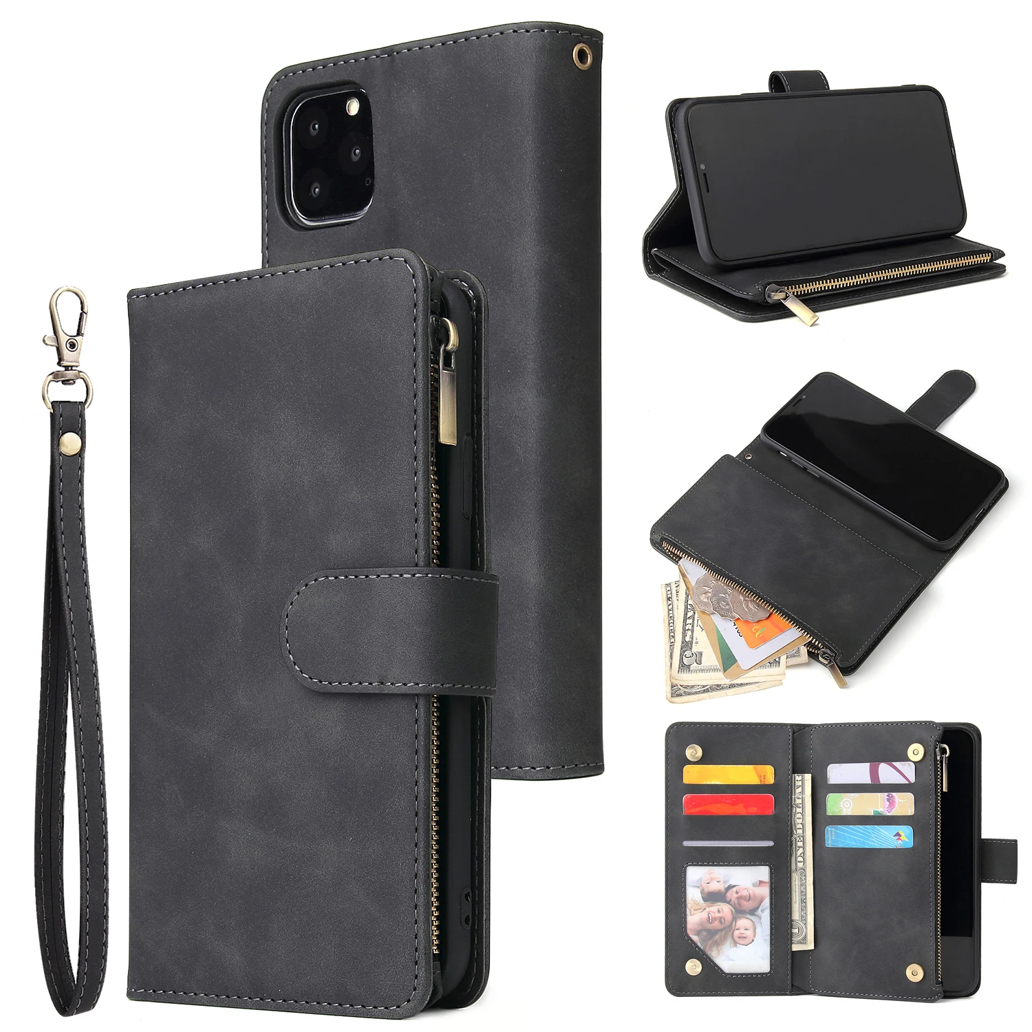 Premium Leather Wallet Case For iPhone 16 15 14 13 12 11 17 Pro Max Plus 17Air 16e Zipper Wallet Card Slots Magnetic Flip Cover