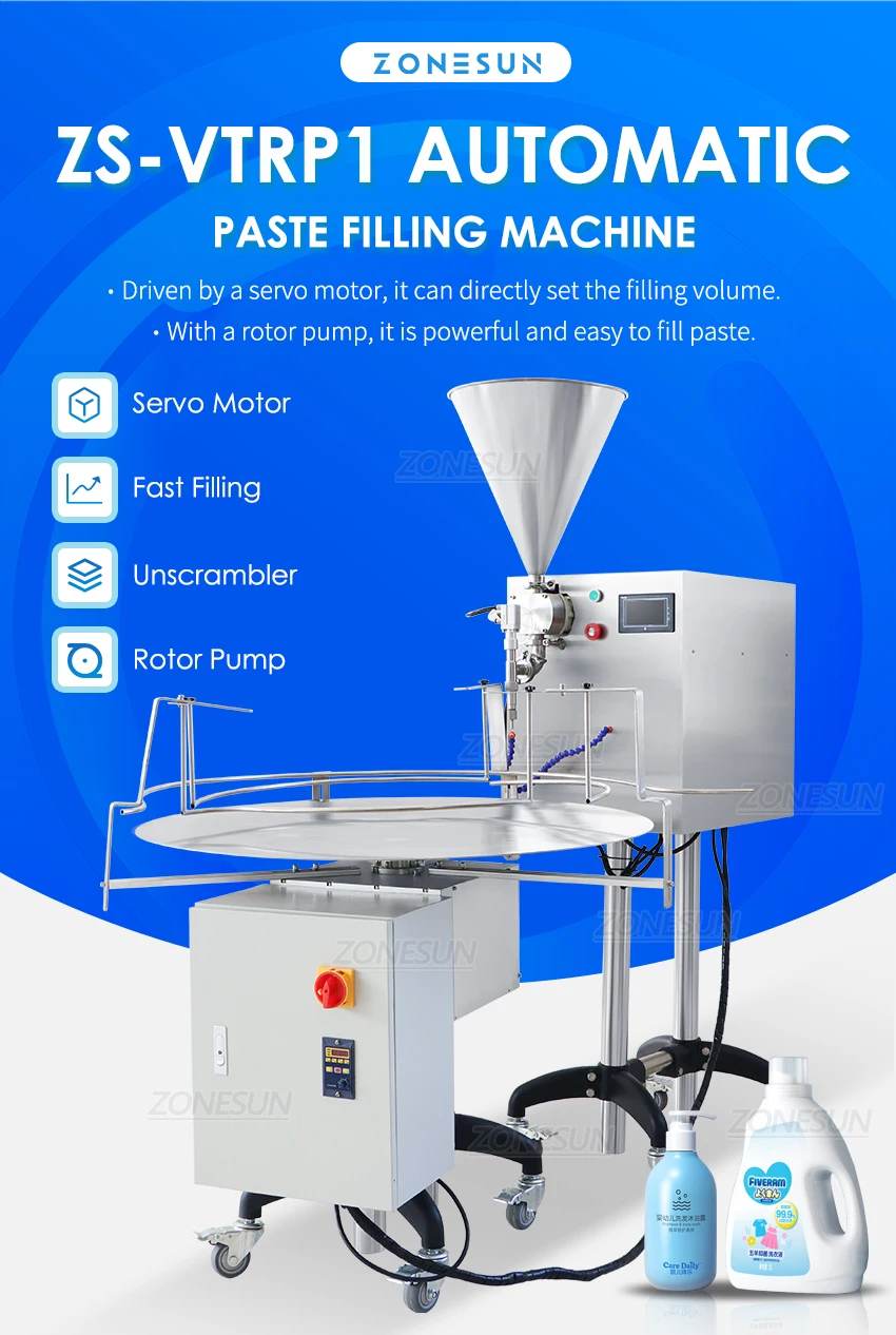 Description Picture 2 of itemZONESUN Paste Filling Machine ZS-VTRP1 Servo Motor Rotor Pump Bottle Filler with Unscrambler Cream Honey Sauce Food Packaging