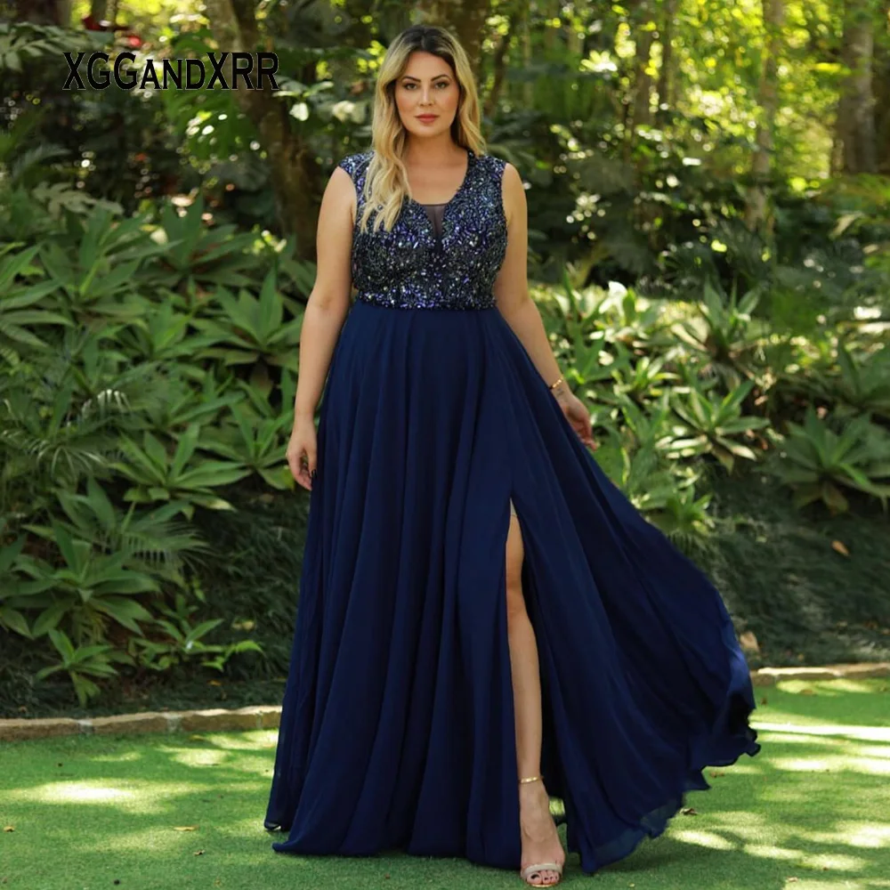 

New Arrival A Line Mother Of Bride Dresses 2022 Scoop Beading Sequins Side Slit Long Elegant Evening Party Gown Groom Mom Formal