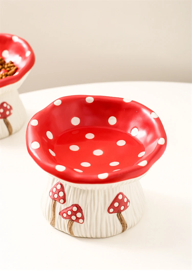 Cat Slow Feed Bowl Small Dogs Ceramic Food Water Bowls Elevated Pet Cute Mushroom Shaped Dishes for Cats - PeticaDeals