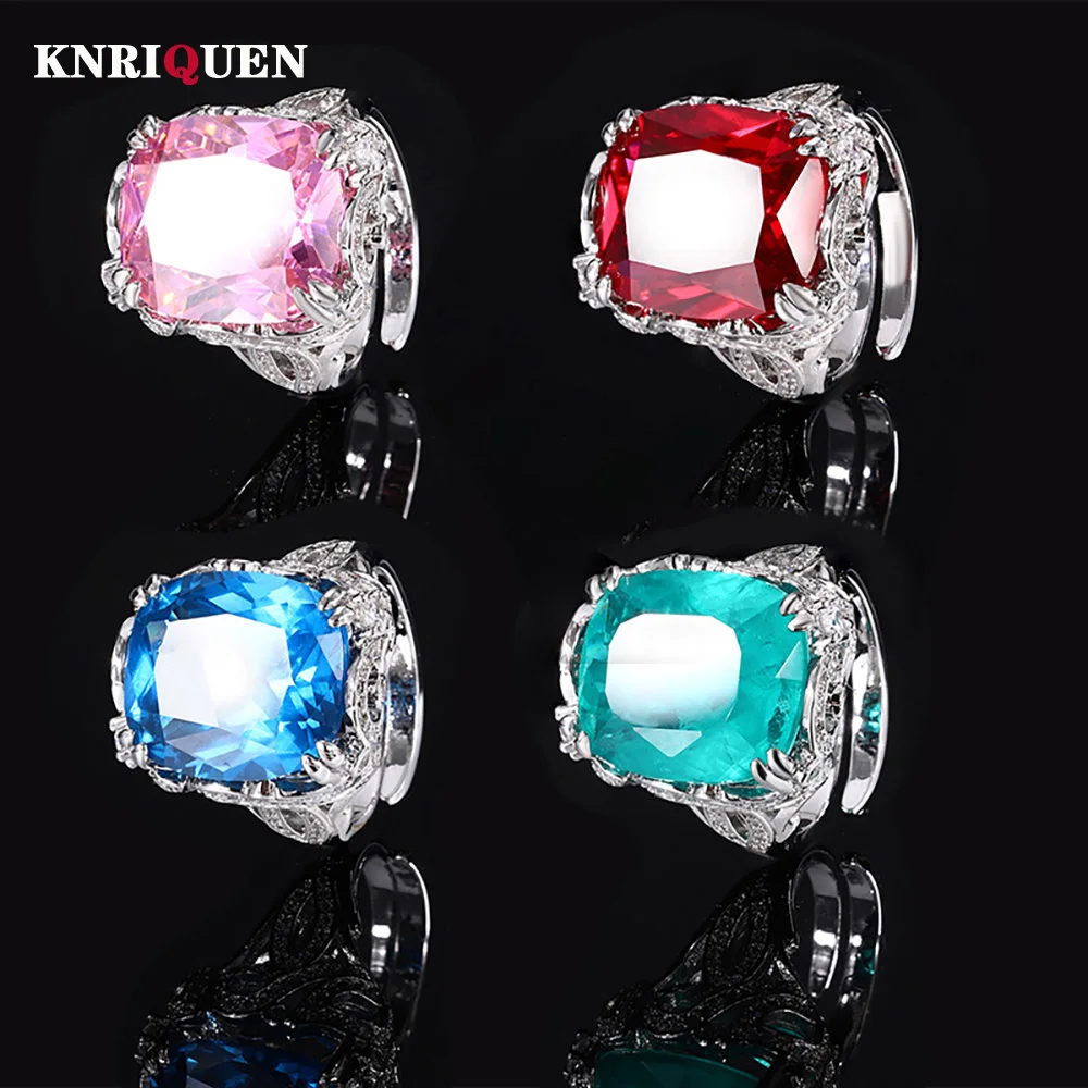 

New Charms 14*16MM Aquamarine Emerald Ruby Ring for Women Lab Diamond Gemstone Cocktail Party Fine Jewelry Lady Anniversary Gift