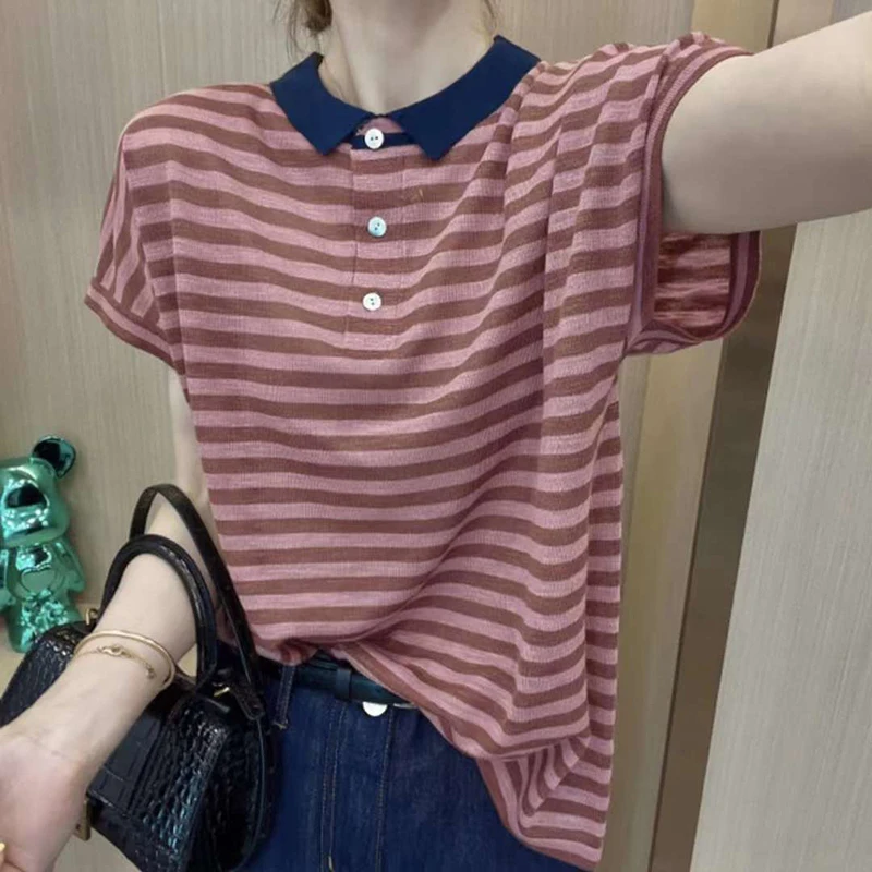 

Ice Silk Soft Summer Striped Print Short Sleeve Women Polo T Shirts Fashion Harajuku Oversized Retro Female Basic 90s Clothes