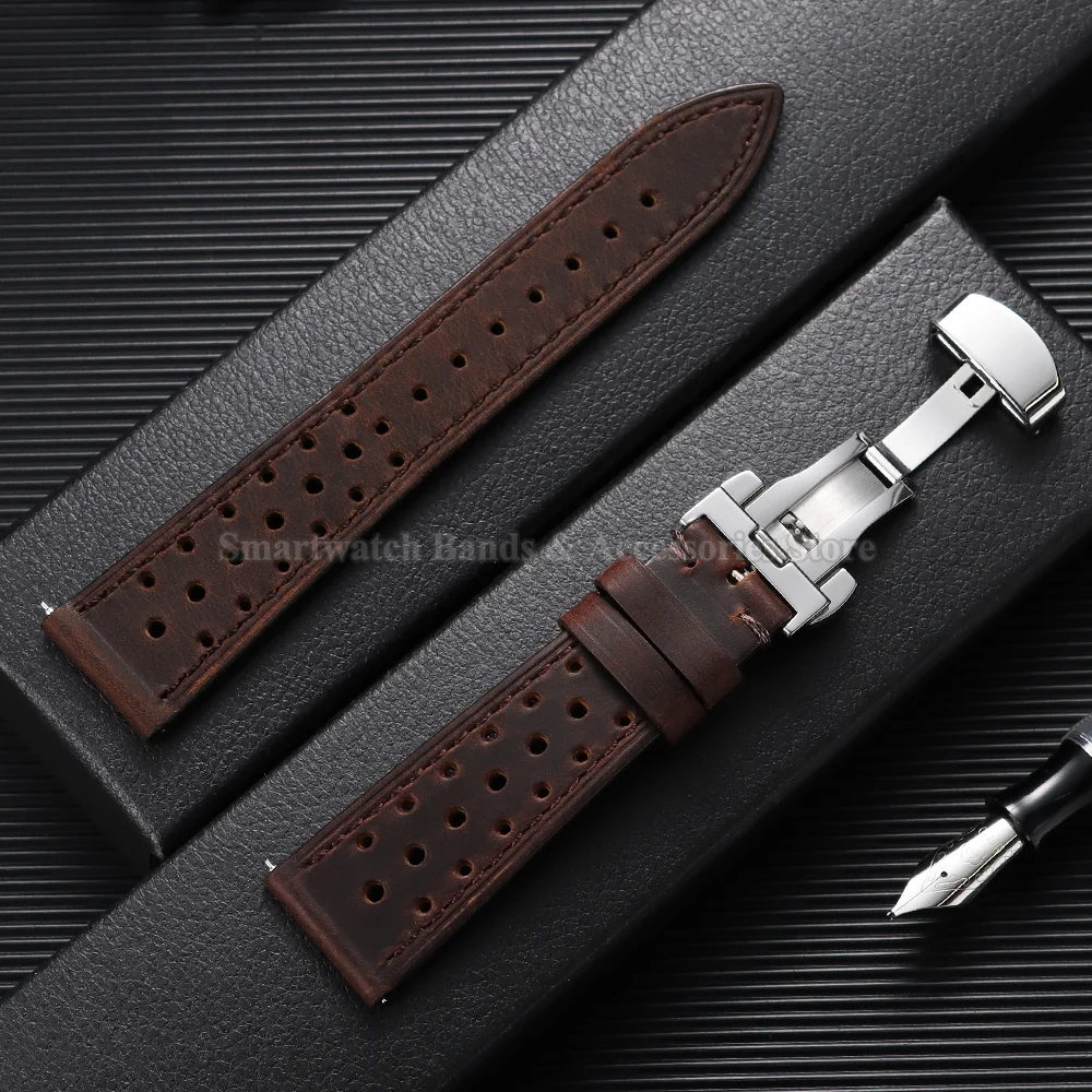 Vintage Leather Watch Strap - Universal Breathable Bracelet with Folding Buckle