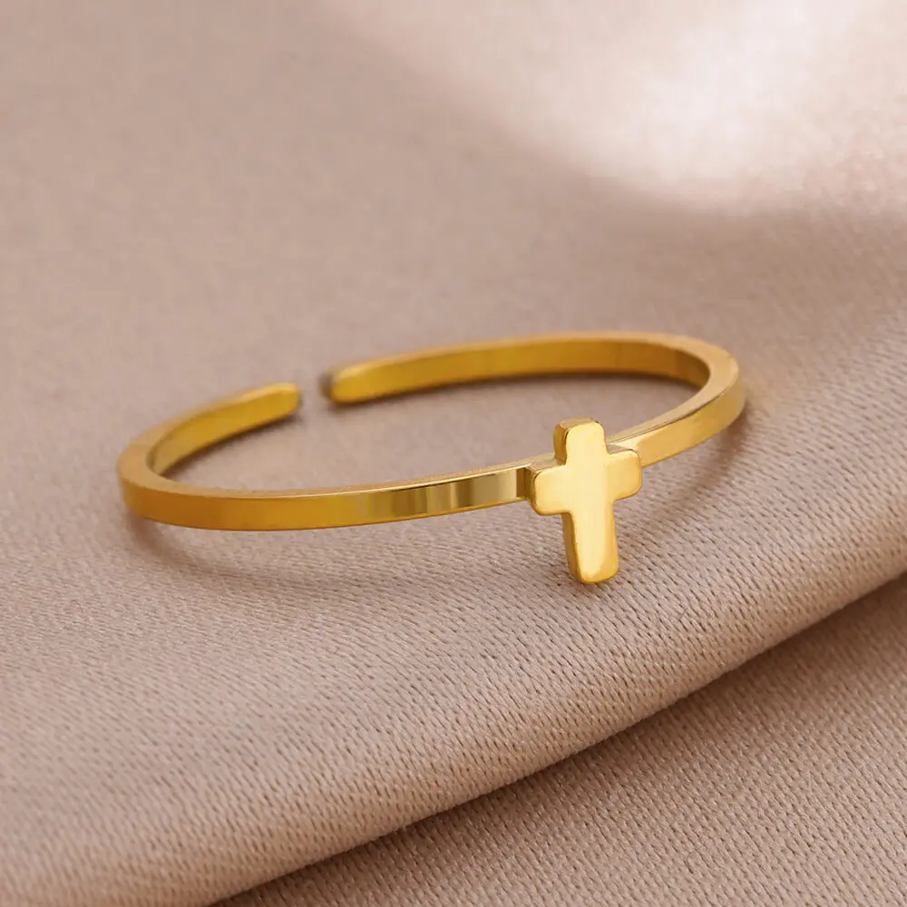 Edelstahl Kleine Herz Ringe Für Frauen Vintage Gold Farbe Kreuz Öffnung Geometrische Ring Mode Hochzeit Schmuck Geschenk 2024 – Detail 2