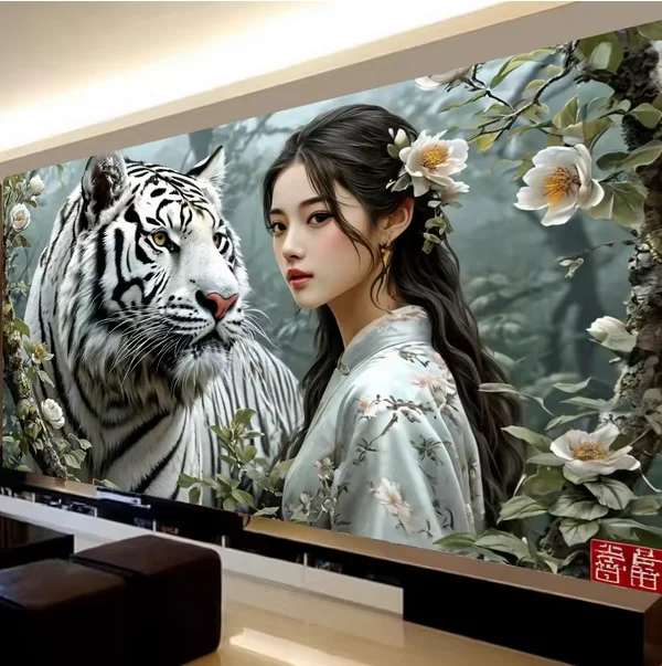 5D Diy Diamant Malerei Kits Retro Schöne Mädchen Weiß Tiger Landschaft Voll Platz Runde Bohrer Diamant Mosaik Hause Dekoration – Detail 4