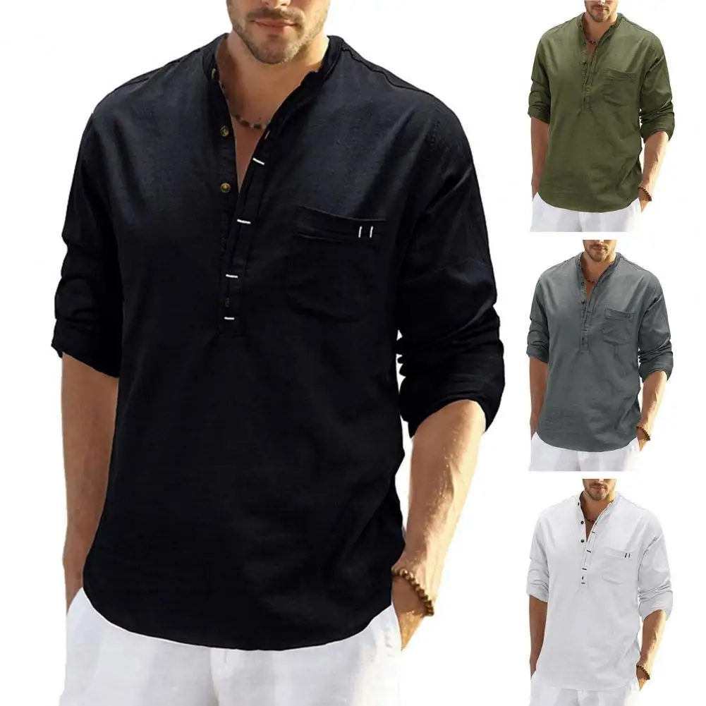 

Linen Long Sleeve Solid Color Loose Casual Shirt Stand Collar Pullover Mid Length Casual Buttons Men Spring T-shirt Male Clothes