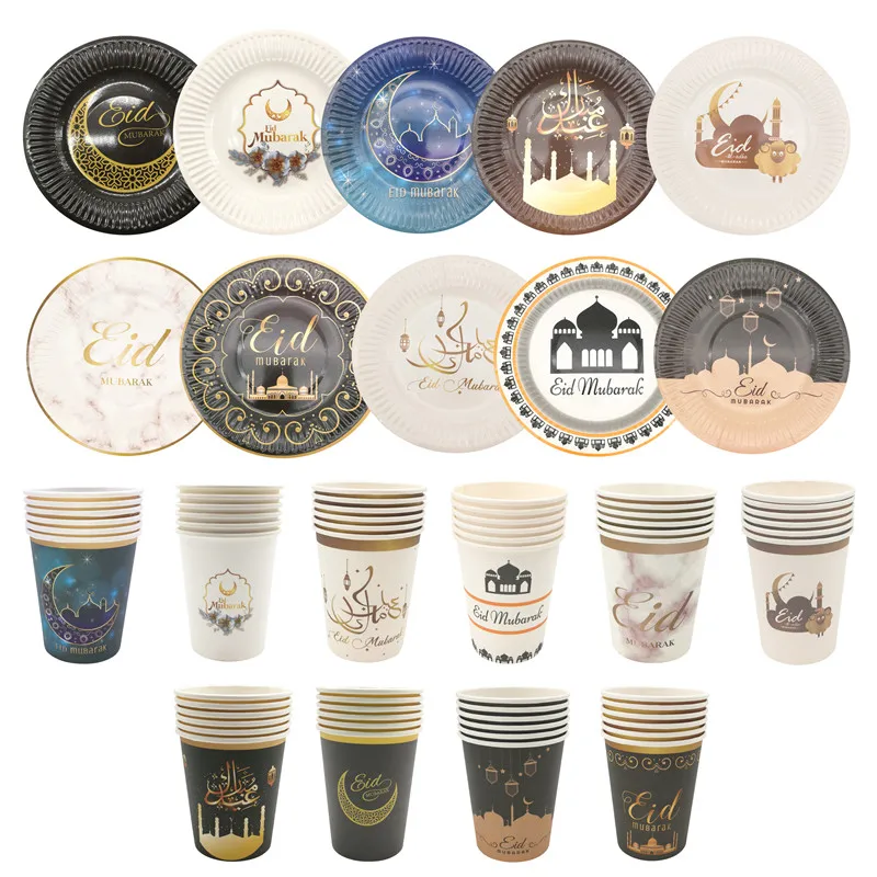 

6Pcs Ramadan Party Disposable Tableware EID MUBARAK Paper Plates Cups Muslim Islamic Ramadan Kareem Festival Eid Home Supplies