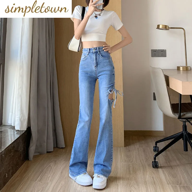

Design Sense Distressed Micro Flared Jeans for Women's Summer 2023 New High Waisted Slim Fashionable Horseshoe Pants