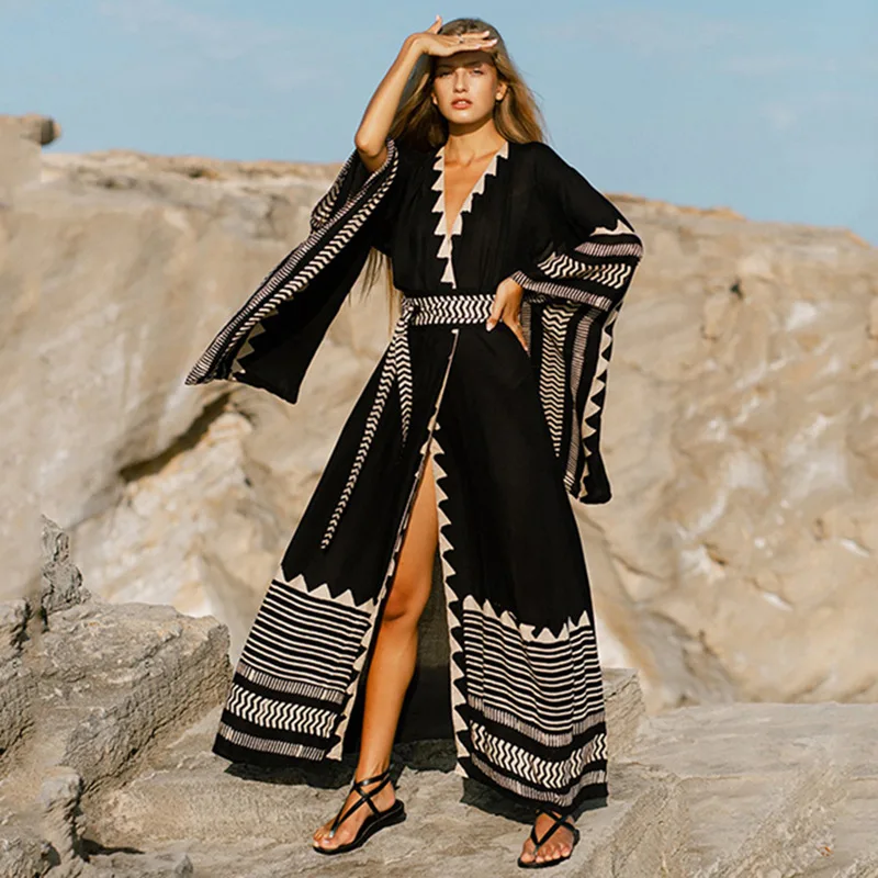 Para Praia Kimono Beach Robe Swimsuit Cover Ups Beachwear Long Flared Sleeve Dress Sarong Women Loose Cardigan Bikini Covers