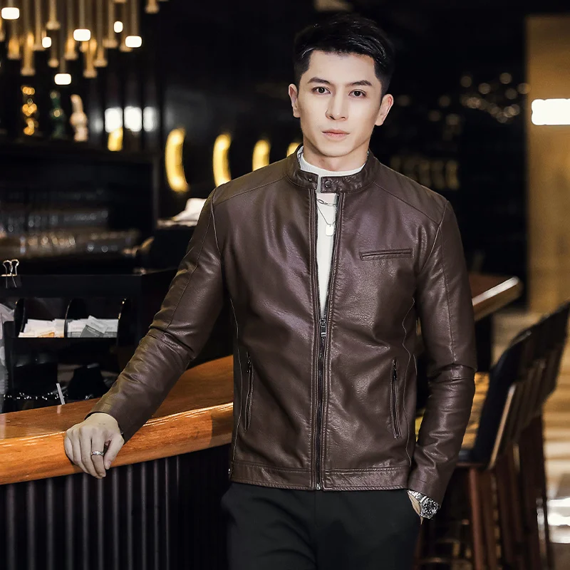 thumbnail image 1 of Chaqueta de cuero para hombre, chaqueta de cuero sintético para motocicleta, de negocios, de invierno, con cuello alto, informal, cortavientos, abrigo ajustado, 1 of 5