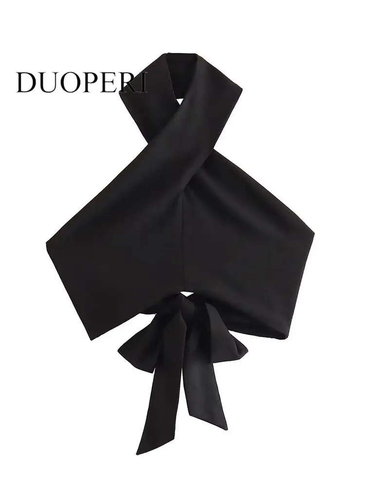 

DUOPERI Women Fashion With Bow Black Backless Lace Up Cropped Tops Vintage Halter Neck Female Chic Lady Crop Top