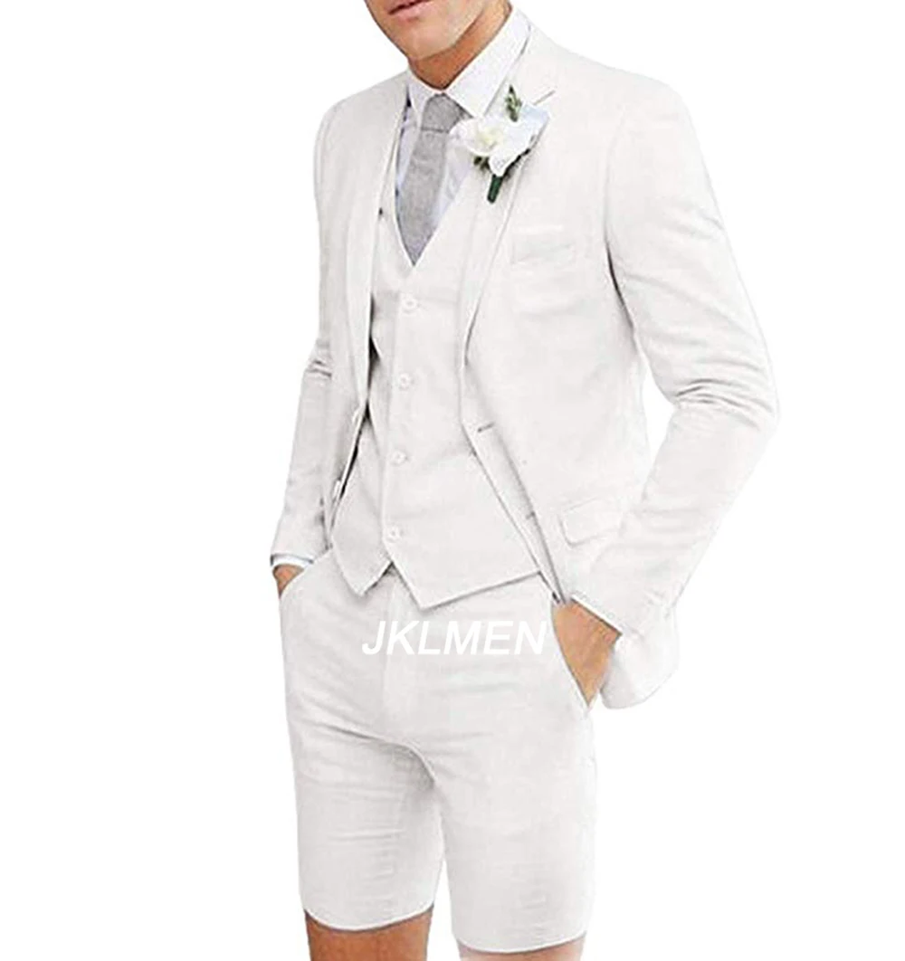 2024 New Summer Men's Casual Suits Slim Fit 3 Piece Notch Lapel Prom Tuxedos Best Men Short Pants Suit For Wedding Holiday