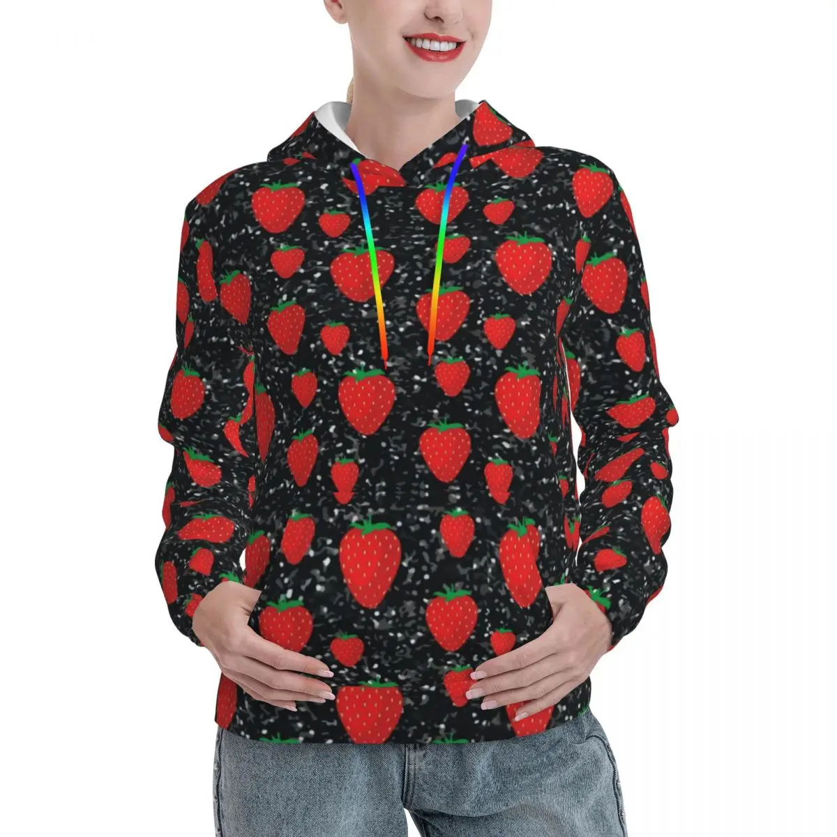 

Sweet Fruit Lovers Loose Hoodies Ladies Red Strawberry Berries Korean Fashion Pullover Hoodie Autumn Funny Pattern Hooded Shirt