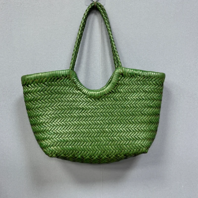 Hand Knitted Designer Genuine Leather Elegant ​Handle Female Totes Vintage Women's Handbag Cowskin Lady Large Shoulder Bag 4