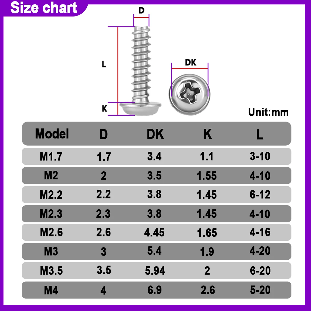 30-200개 필립스 나사 PWB 원형 헤드 와셔 포함 셀프 태핑 나사 PWB 나사 목공용 M1.7 M2 M2.3 M2.6 M3 M3.5 M4