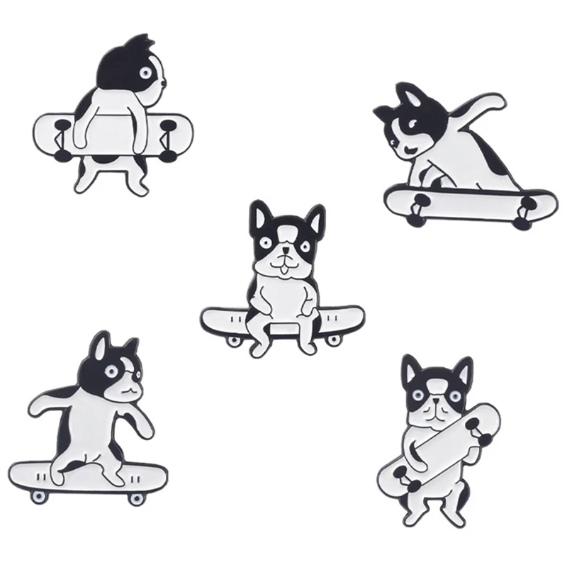 Skateboard Motion Dogs Enamel Pins Custom Black and White Spotted Dog Brooch Lapel Badge Bag Cartoon Jewelry Gift for Kid Friend |