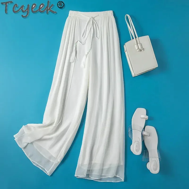 

Elastic Tcyeek Waist Woman Summer Mulberry Real Silk Thin Women Clothes Ankle-length Trouser Fashion Wide-Leg Pants