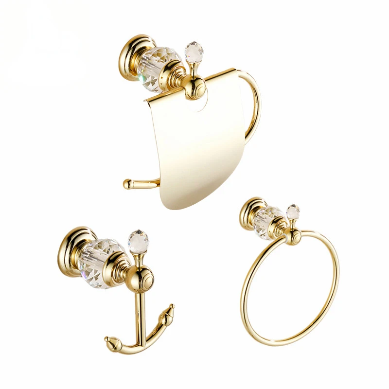 

Bath Hardware Sets European Style Hook on the Wall Luxury Crystal Brass Paper Holder Gold Bathroom Hangings Towel Ring HK00