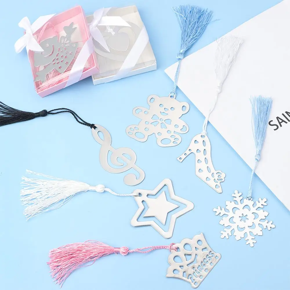 

Metal Hollowing Bookmark Snowflake Heart-Shaped Multi-shapes Book Clip Pagination Mark With Tassel Student Stationery