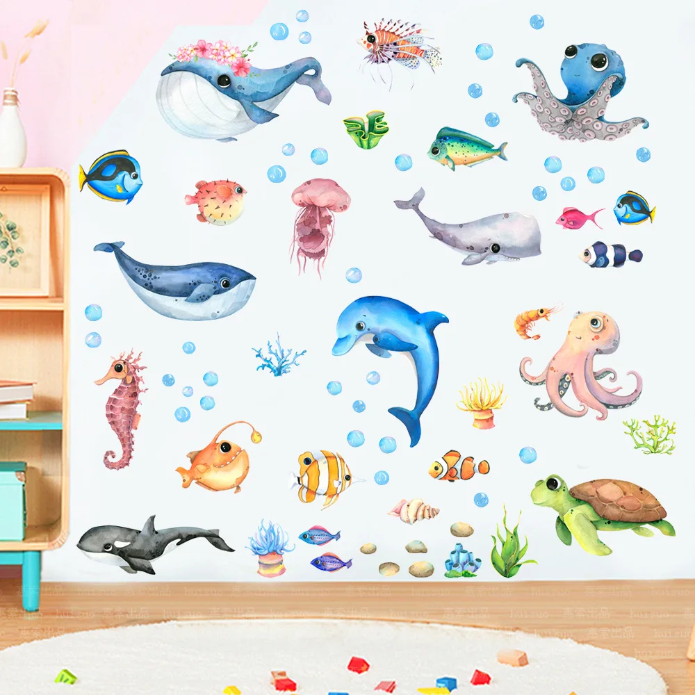 Wall Stickers Cartoon Marine Life Wall Stickers for Kids room Bathroom Wall Tile Decals Octopus Sea Turtle Fish Posters Home Decoration