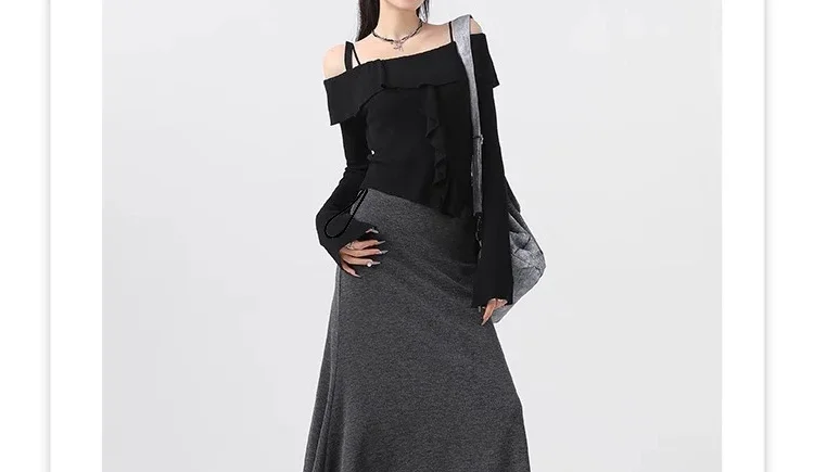25SS Frühling Sommer gestrickter Umstands-Midirock mit weichem, drapiertem Midirock, nicht unterstützend, vielseitiger A-Linien-Fischschwanz-Langrock für schwangere Frauen – Detail 32