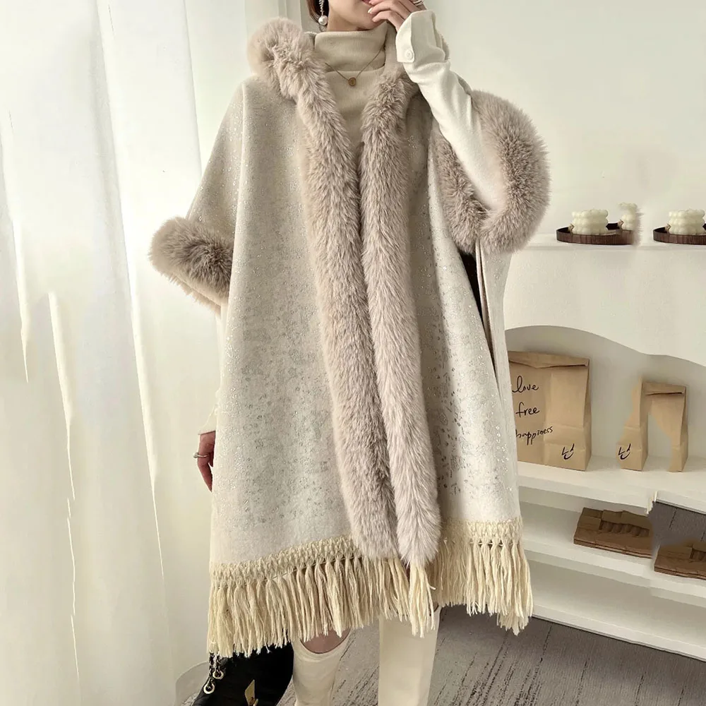 

Autumn Fashion Soft Poncho Jacket Women Winter Loose Faux Rabbit Fur Coat Cape Wool Blends Overcoat Luxury Tassels Shawl Cloak