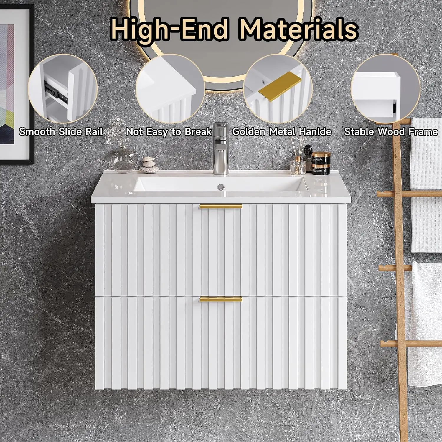 24 Inch Bathroom Vanity with Sink Combo,Floating Bathroom Vanity with 2 Fluted Drawer,Metal Handles, Wall Mount Bathroom Cabinet 5