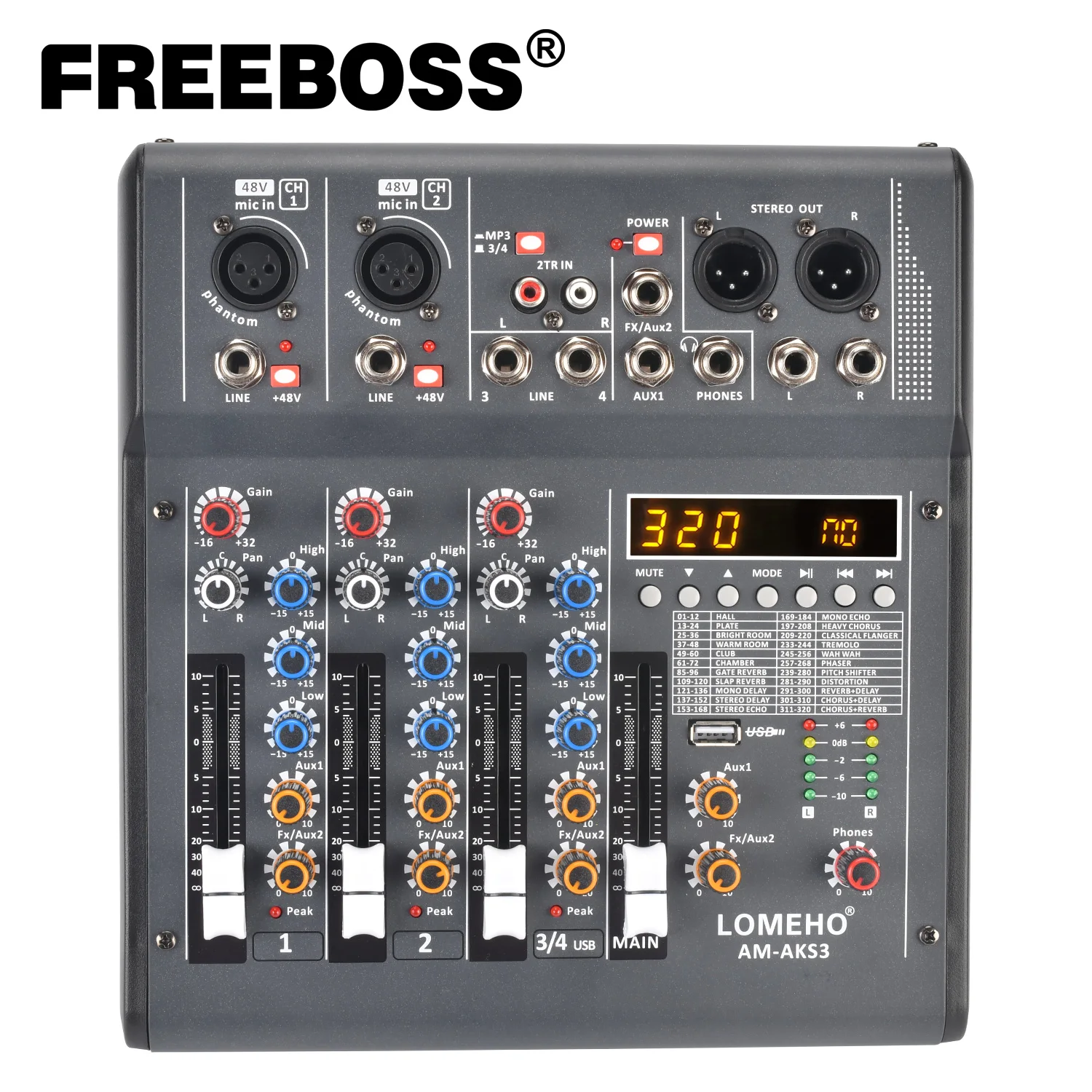 4 Channel Sound Mixer 320 Effects Bluetooth Audio Mixing Console 2 Mono 1 Stereo USB Play Record Church Party DJ AM-AKS3 audio mixer