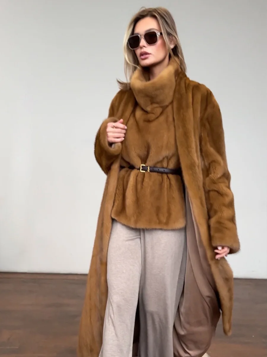 Winter Long Thick Warm Faux Mink Fur Jacket Coat Women With Belt High Quality Luxury Long Mink Fur Cardigan Jacket Ladies