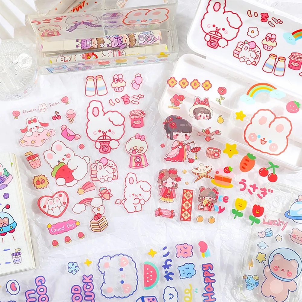 

5 Sheets/Set Waterproof Hand Account Stickers Decorative Transparent Cartoon Stickers Cartoon PET Stationery Stickers