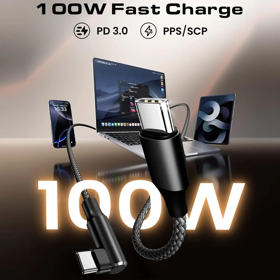 Ultra-Durable Fast Charging Elbow USB-C Data Cable - Available in 1m, 2m, 3m Lengths