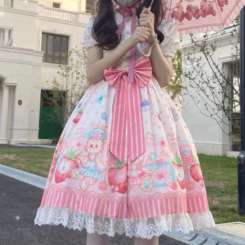 Japanese Harajuku Dream Jsk Lolita Dress Kawaii Cute Cat Print Bow Lace Strap Dresses Girl Sweet Princess Mini Camisole