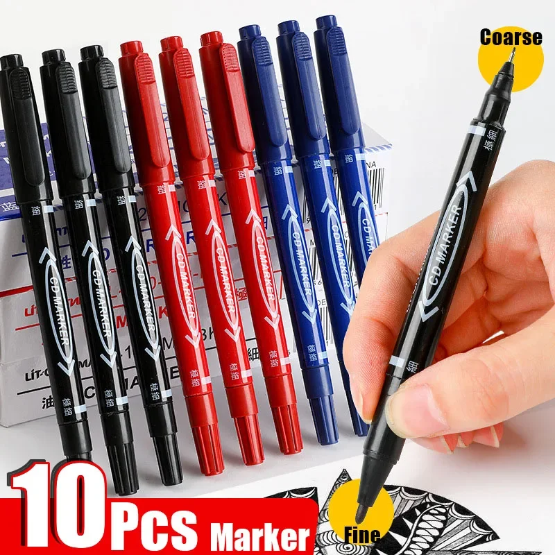 10Pcs Twin Tip Permanent Marker Black/Blue/Red Oil Marker Pen Fine Nid Marker Ink Stationery School & Office Supplies