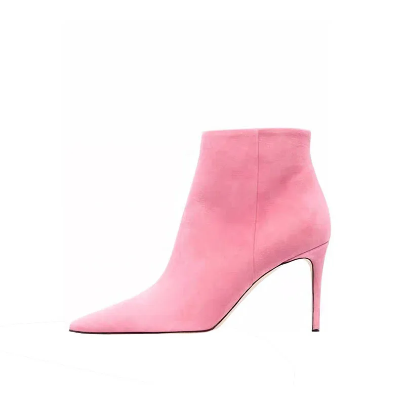

Arden Furtado 2023 Woman's Pink colour suede Thin heels Ankle boots Pointed toe Side zipper High-heeled Modern boots large size