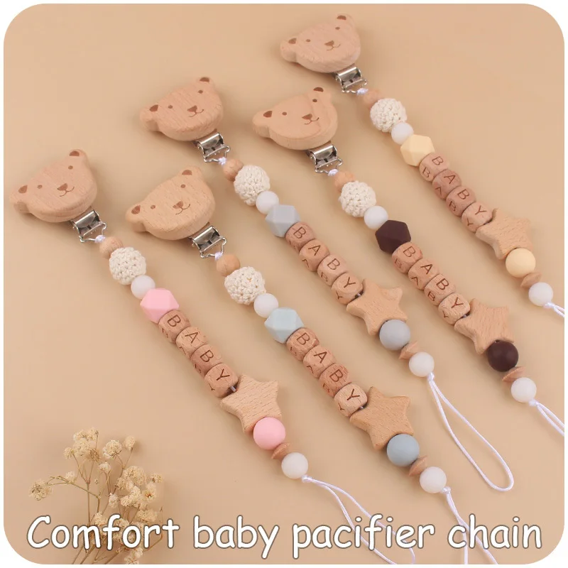 New Baby Carve Name Cartoon Bear Silicone Wooden Ring Pacifier Clip Crown Teething Chain Teether Clips For Children Gifts