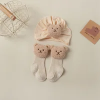 1set Flower Baby Turban Hat & Socks for Newborn Girls Bear Beanie Caps Non-slip Floor Stockings Toddler Hair Accessories 0-2Y 5