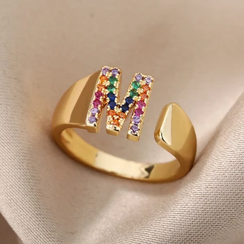 Zircon Initial Letter Rings for Women Stainless Steel Initials Adjustable Rings 2022 Trend Wedding Alphabet Name Jewelry Gift