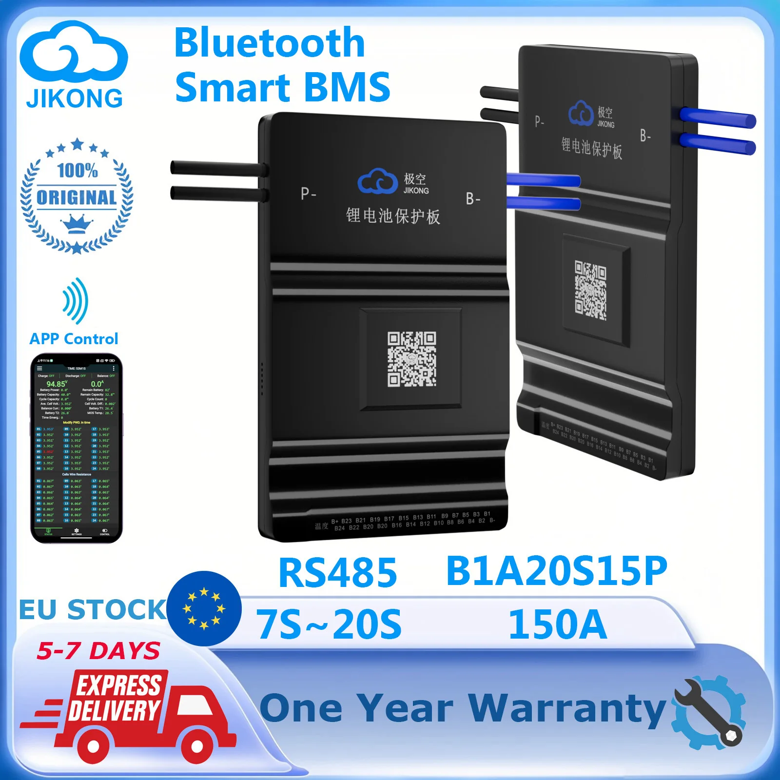 

B1A20S15P JIKONG BMS with BT RS485 1A Active Balance150A Charge Protector for 8S~20S Lifepo4 Li-ion Battery Management System