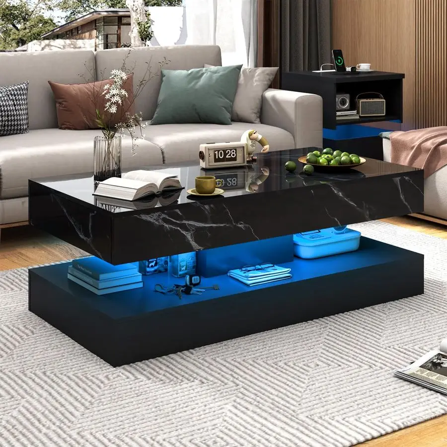 Large HighGlossy LED Coffee Table with 2 Sliding Drawers, Living Room Storage Coffee Tables with Marbling Print, Modern Stylish