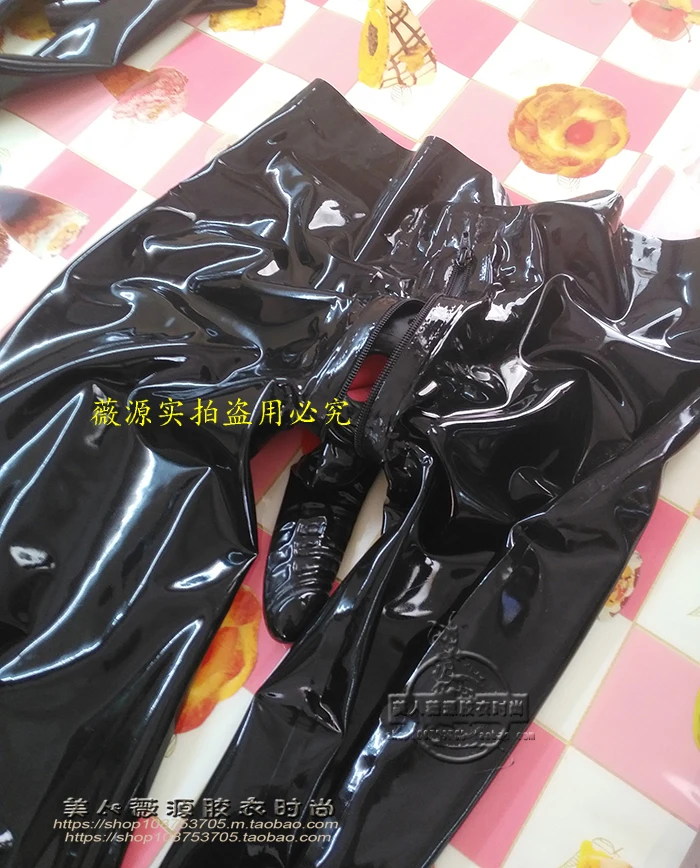 Men's Latex Leggings Pants Skinny Rubber Trousers with Penis Anus Condom Zip