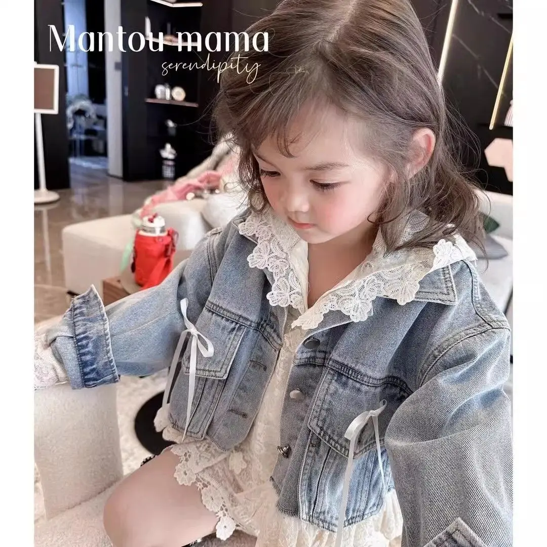 2025년 봄 가을 여아 데님 코트와 우아한 레이스 드레스 투피스 세트