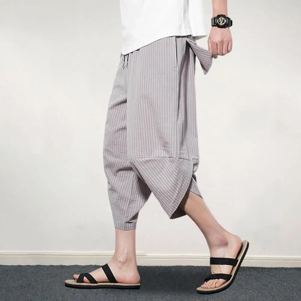 Men Summer Cropped Pants Elastic Drawstring Waist Carrot Pants Vertical Striped Print Harem Pants Streetwear
