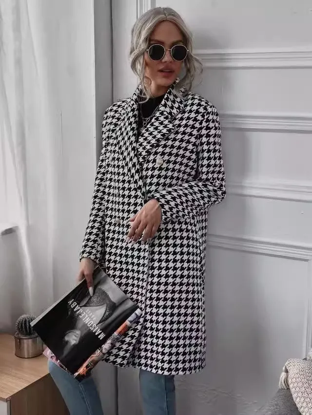 

Women's new fashionable thousand bird pattern printed long woolen jacket personalized and versatile commuting clothing